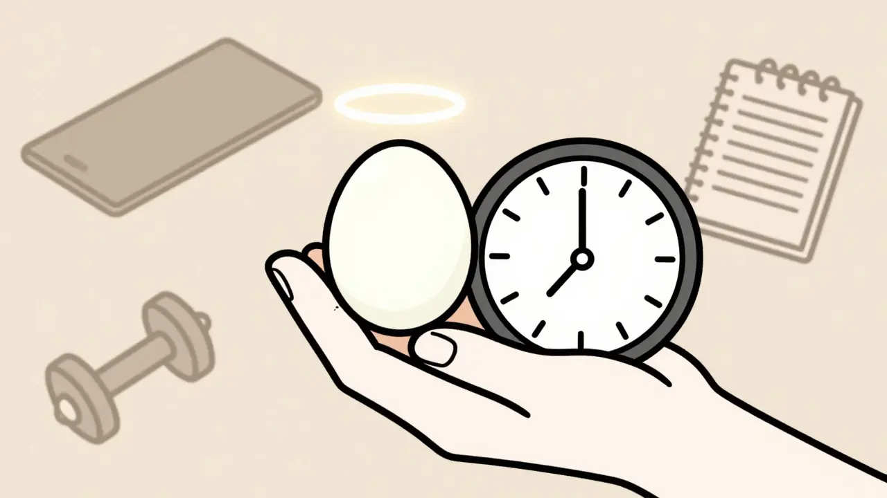 Hand holding a hard-boiled egg beside a 3:30 PM clock, symbolizing an afternoon energy-boosting snack.
