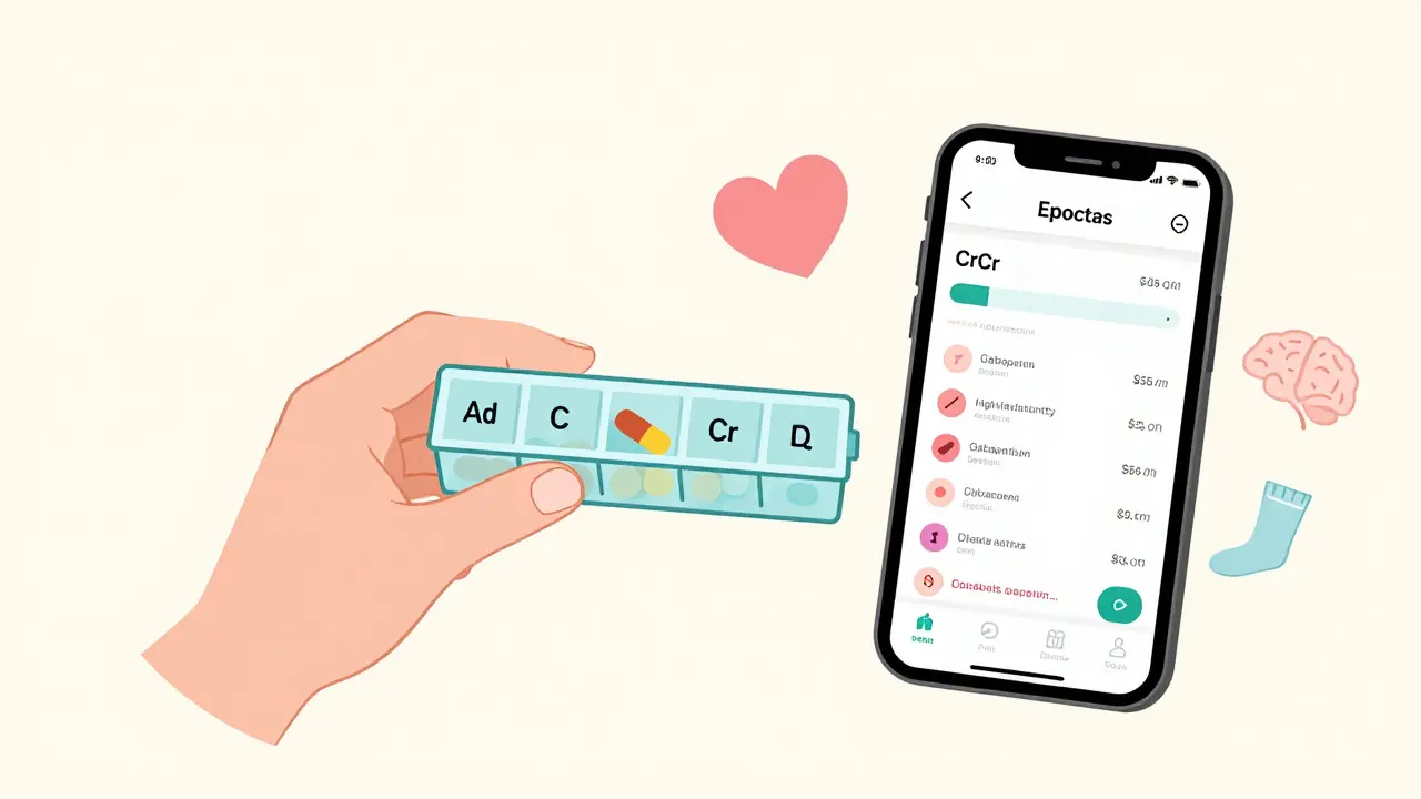 Hand holding pill organizer with smartphone showing renal dosing app and drug risk icons.