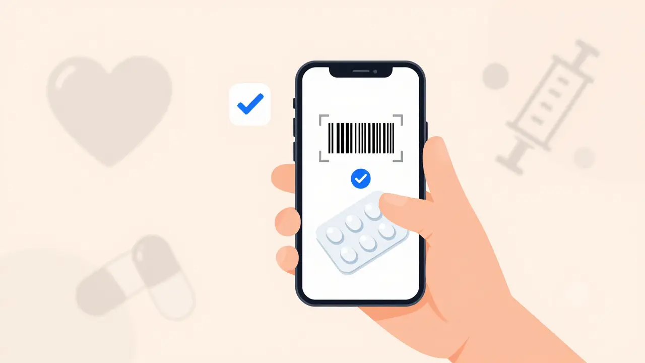 Hand scanning a medicine barcode with a smartphone app, FDA logo floating above.