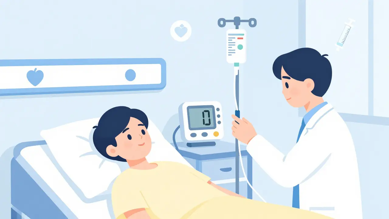 Hospital patient receiving IV fluids and insulin to treat diabetic ketoacidosis.