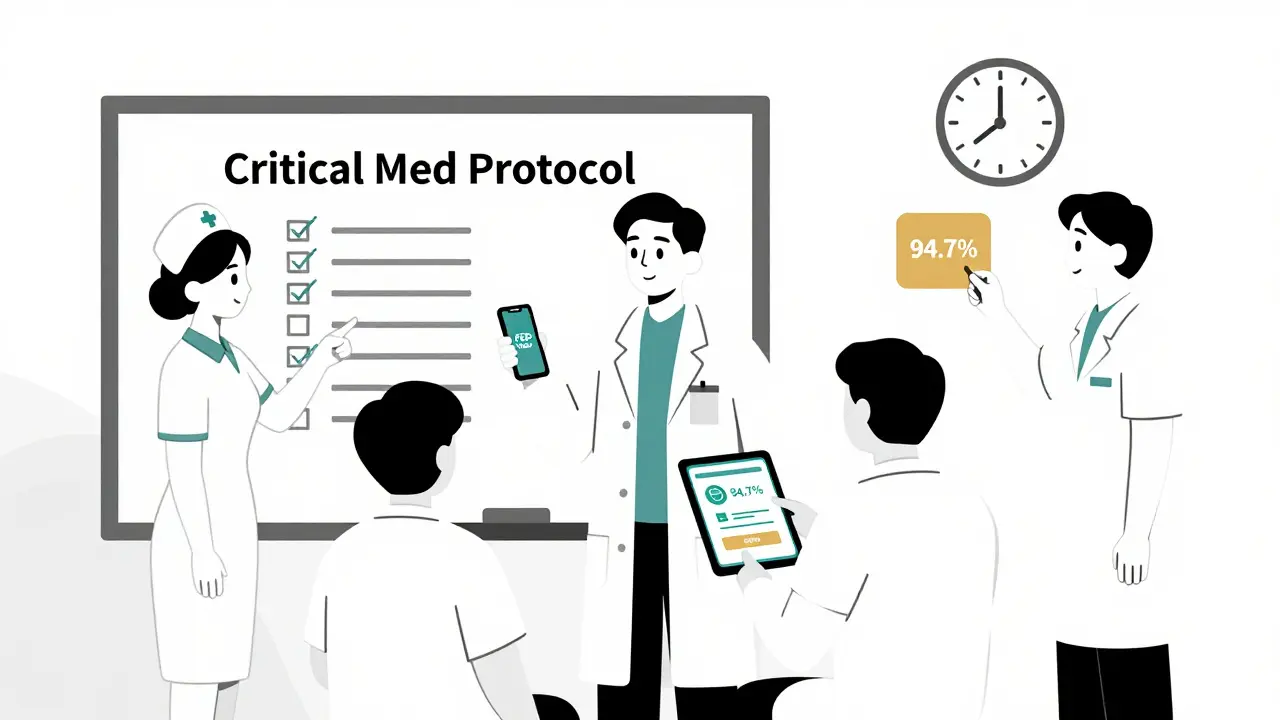 Hospital team reviewing critical medication protocol on a whiteboard with AI and ASHP icons.