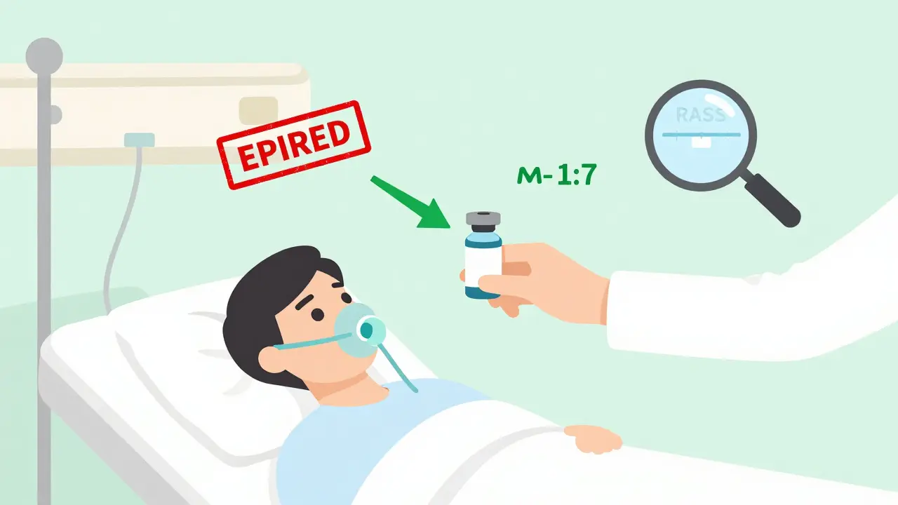 ICU monitor with expired drug icon replaced by safe alternative and dose conversion formula.