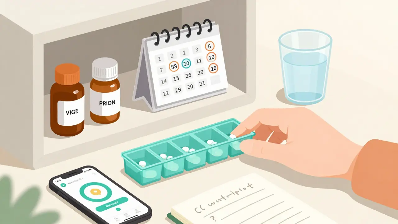 Medicine cabinet with missed doses, reminder phone, and pill organizer on counter.