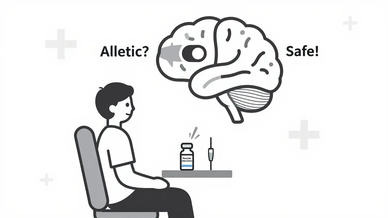 Patient in clinic with allergy test kit, brain icon showing switch to safe