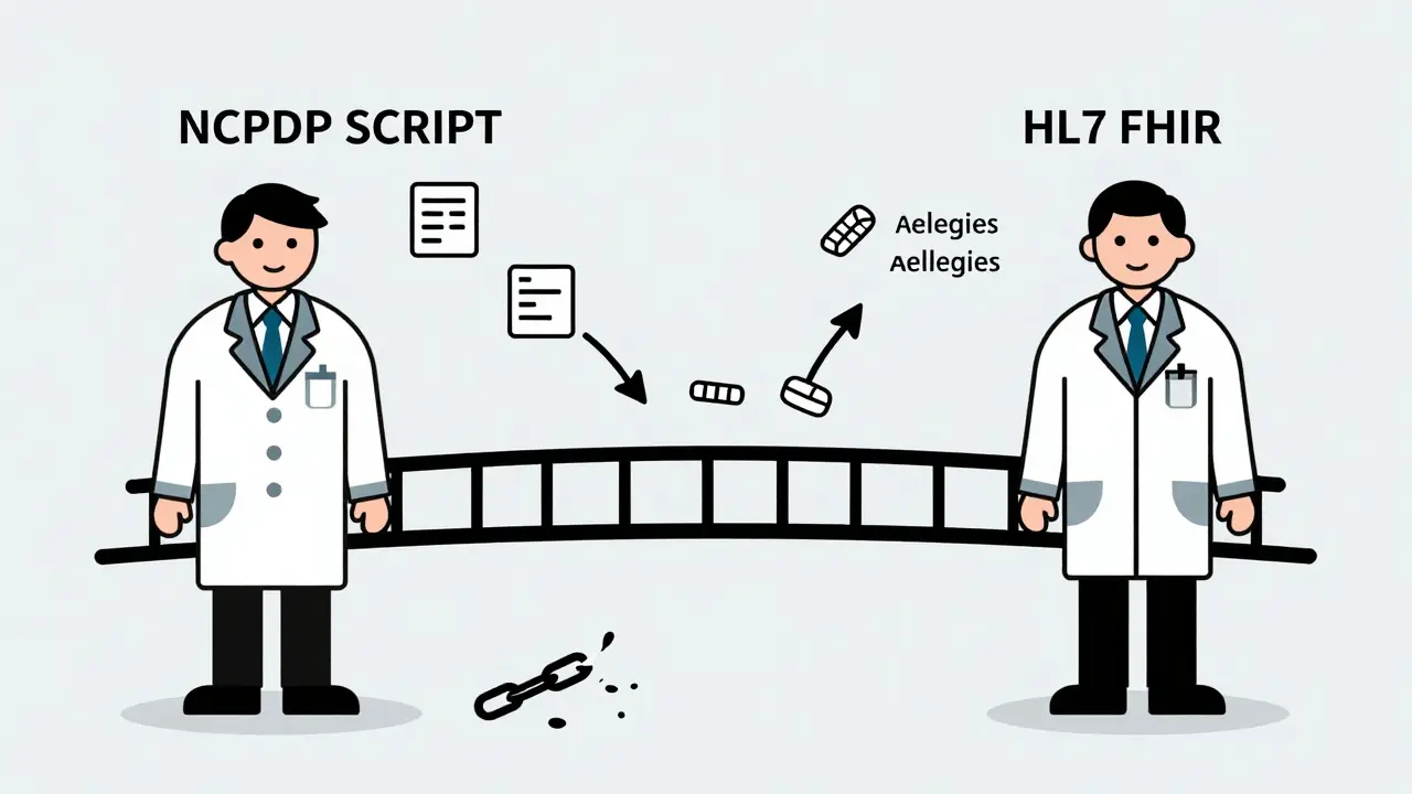 Pharmacist and doctor connected by data streams representing EHR integration standards.