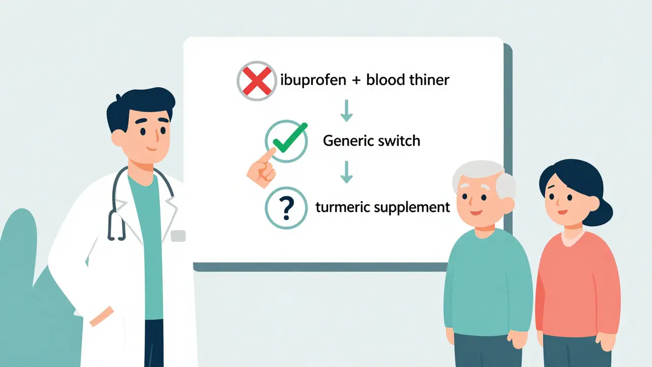 Pharmacist explaining drug interactions using a simple visual flowchart