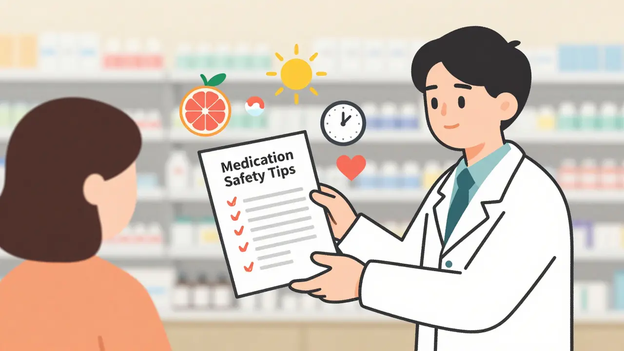 Pharmacist giving safety tips sheet with icons for drug interactions, sun sensitivity, and timing.