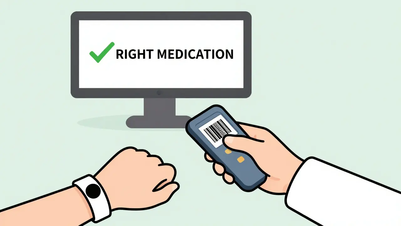 Pharmacist scanning a barcode as a patient's wristband is checked, with a green confirmation on screen.
