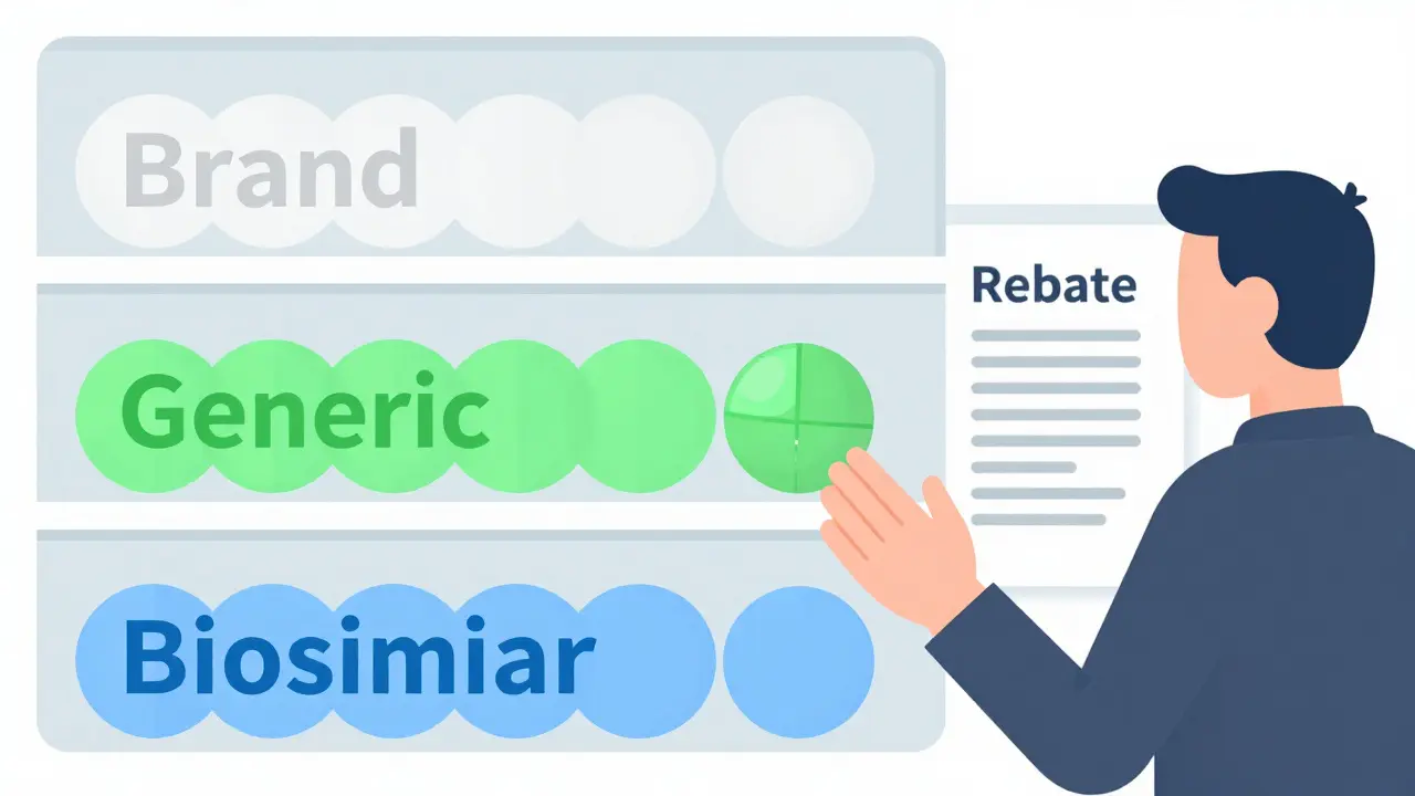 Pharmacy shelf showing branded, generic, and biosimilar pills, with a hand choosing the generic while a contract shadow looms.
