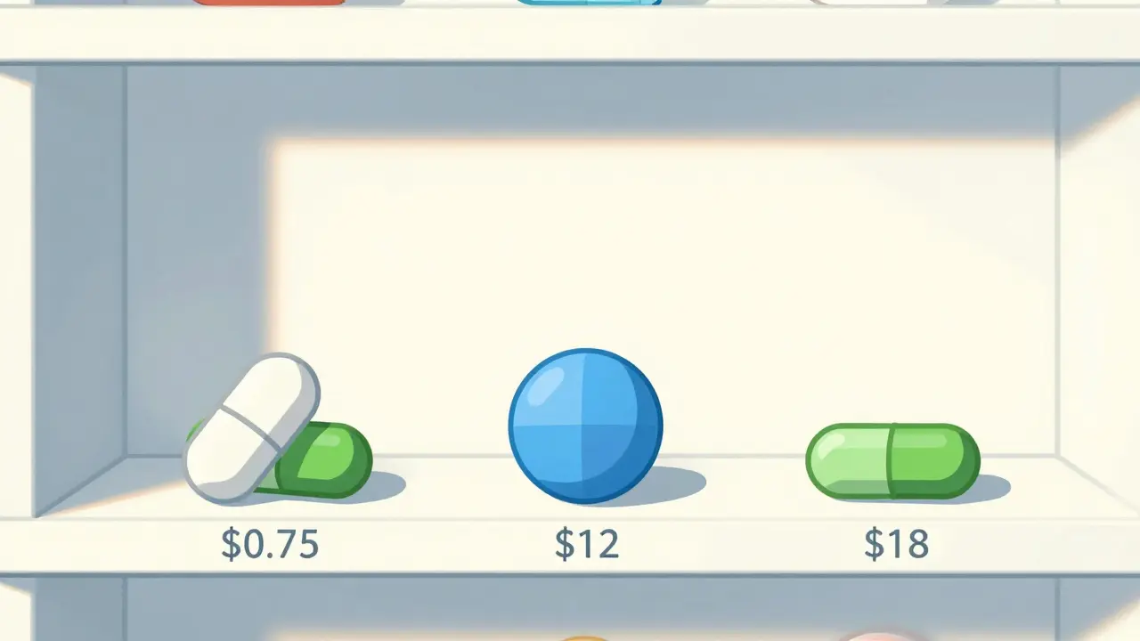 Pharmacy shelf with three generic migraine pills in minimalist geometric shapes and price tags.