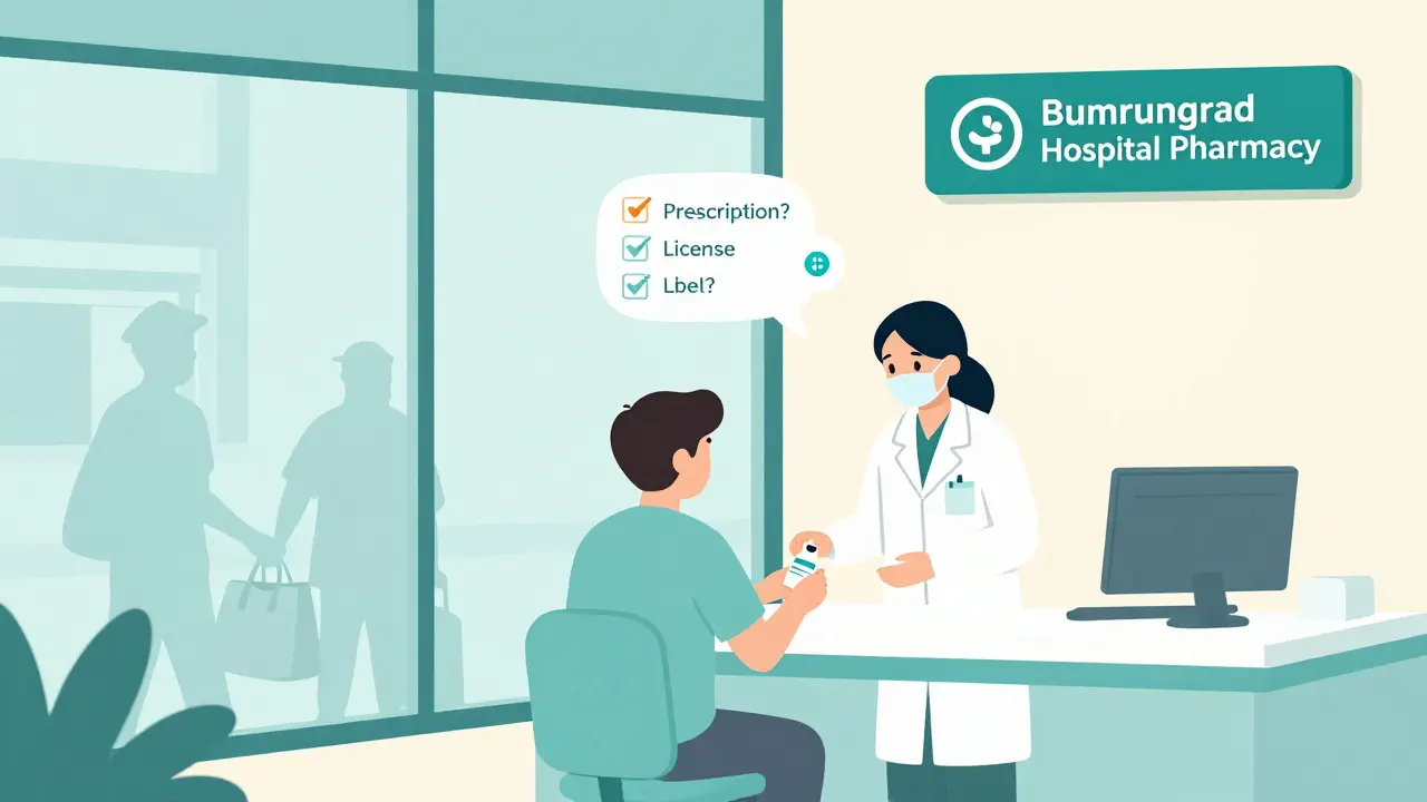 Safe hospital pharmacy in Bangkok with pharmacist, street vendors fading in background