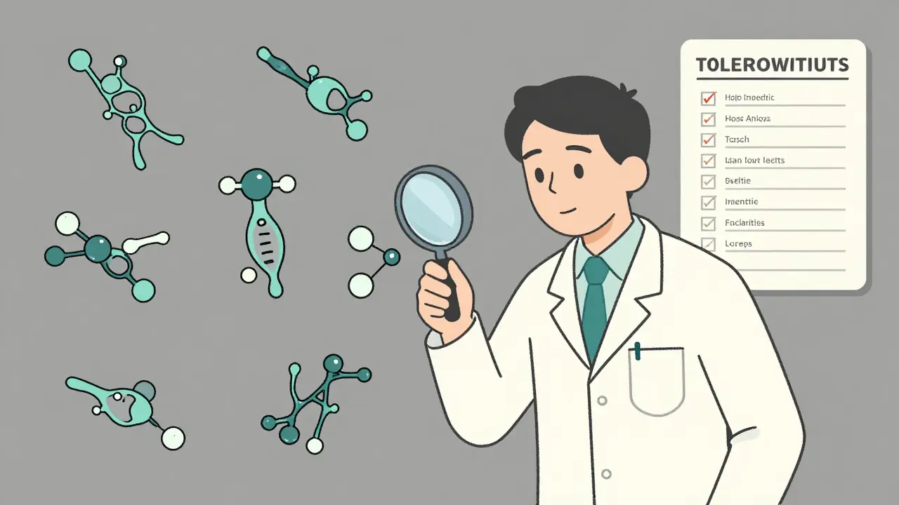Scientist examining multiple slightly different protein variants with quality control checks.