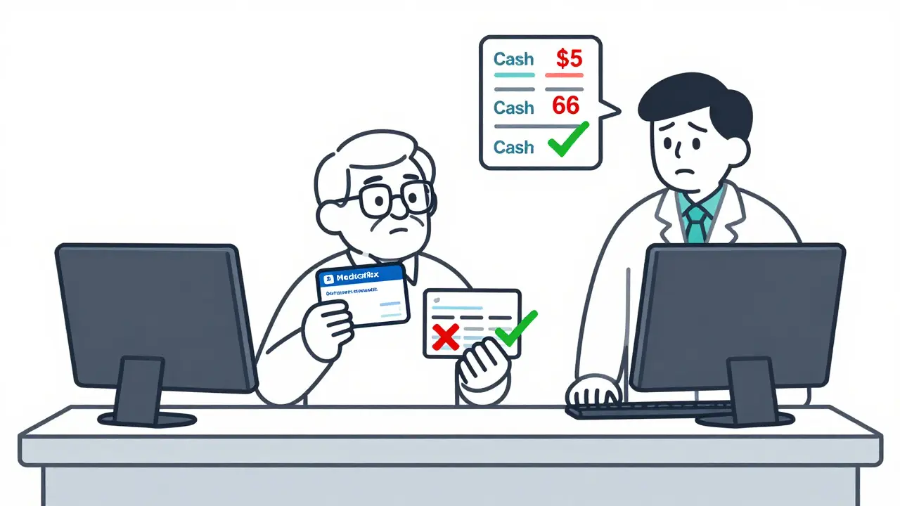 Senior at pharmacy with Medicare card and discount coupon, pharmacist confused.