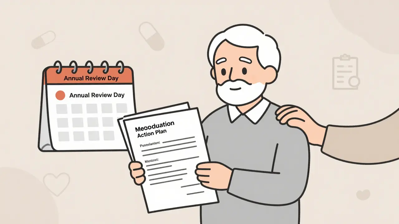 Senior holding three medication review documents with family member nearby