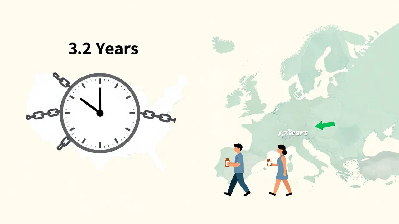 Side-by-side maps showing U.S. and Europe drug approval times, chains vs. arrow.