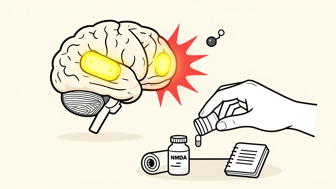 Simplified brain and spine with NMDA receptors releasing pain spikes, blocked by a ketamine molecule and non-drug therapy symbols.