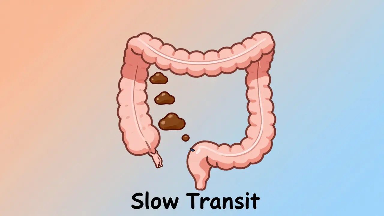 Simplified digestive tract with slow-moving stool and pelvic floor barrier
