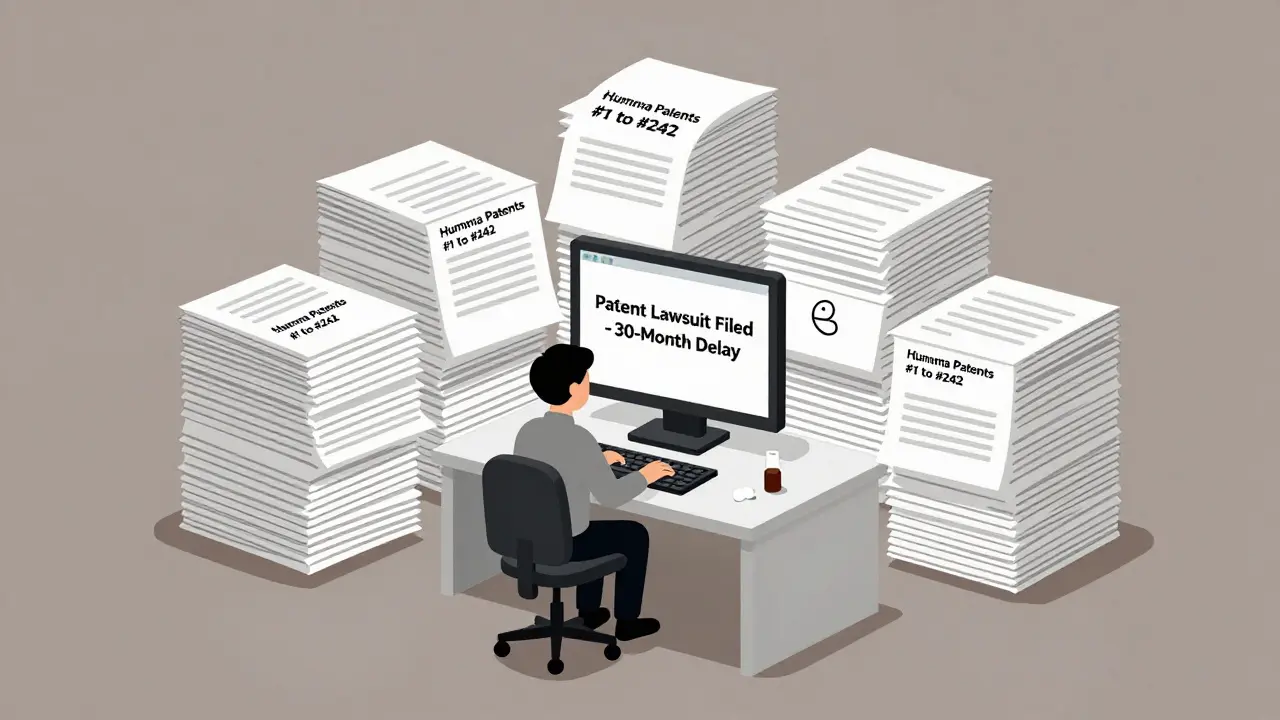 Small business worker overwhelmed by stacks of patent documents, single pill on desk.