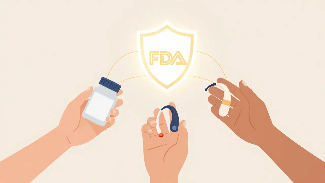 Three hands offering different medical products toward a glowing FDA shield icon.