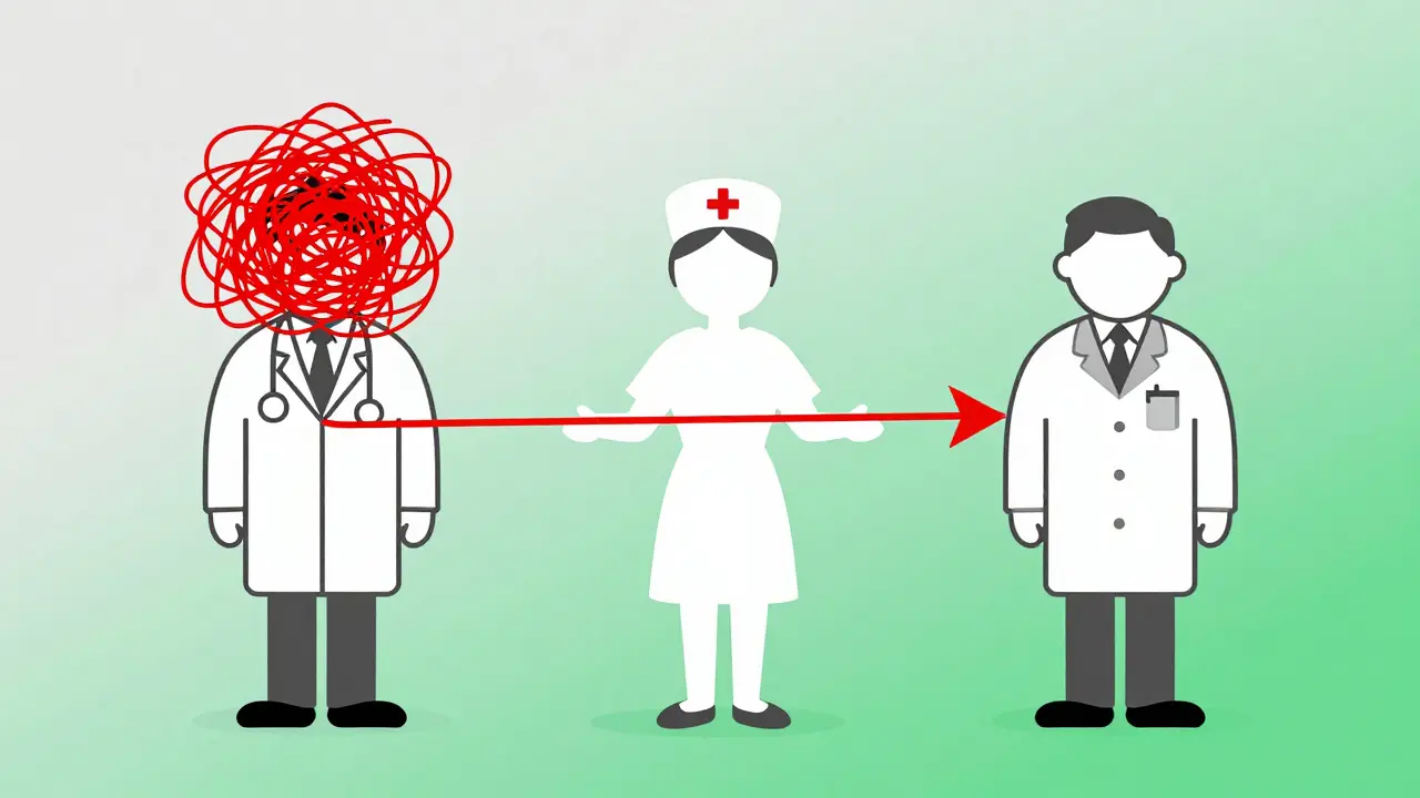 Three healthcare workers connected by a line transforming from messy scribble to clean digital arrow.