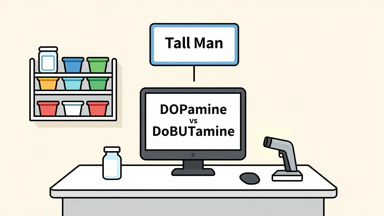 Three safety layers in a pharmacy: colored bins, tall man lettering on screen, and barcode scanner.