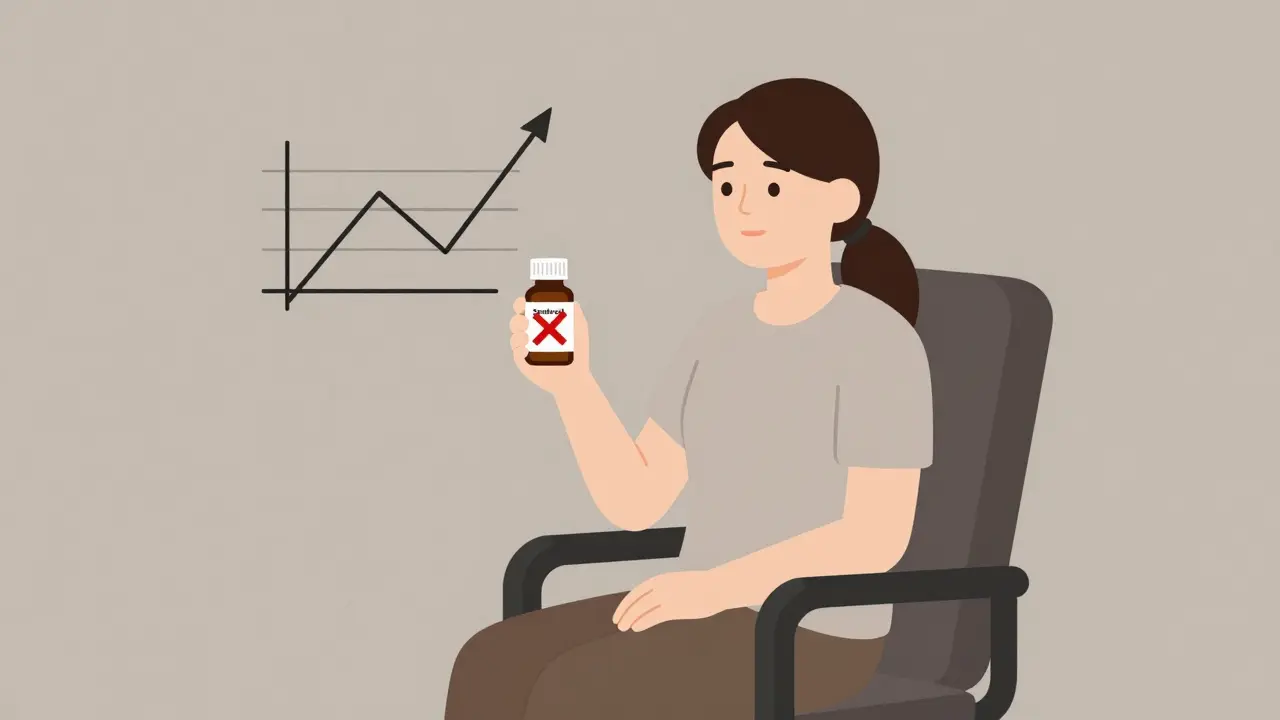 Thyroid patient with brand pill and rising TSH graph next to generic pill, muted colors.