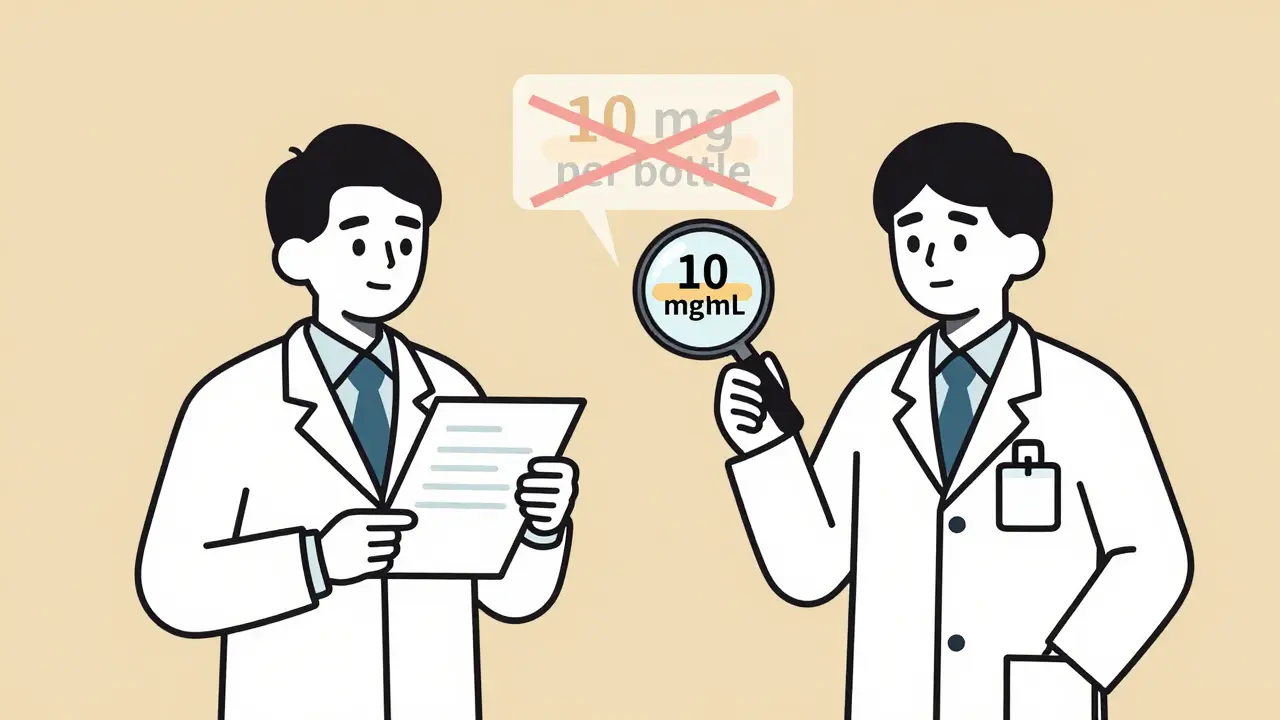 Two pharmacists checking a medication label with correct concentration clearly shown.