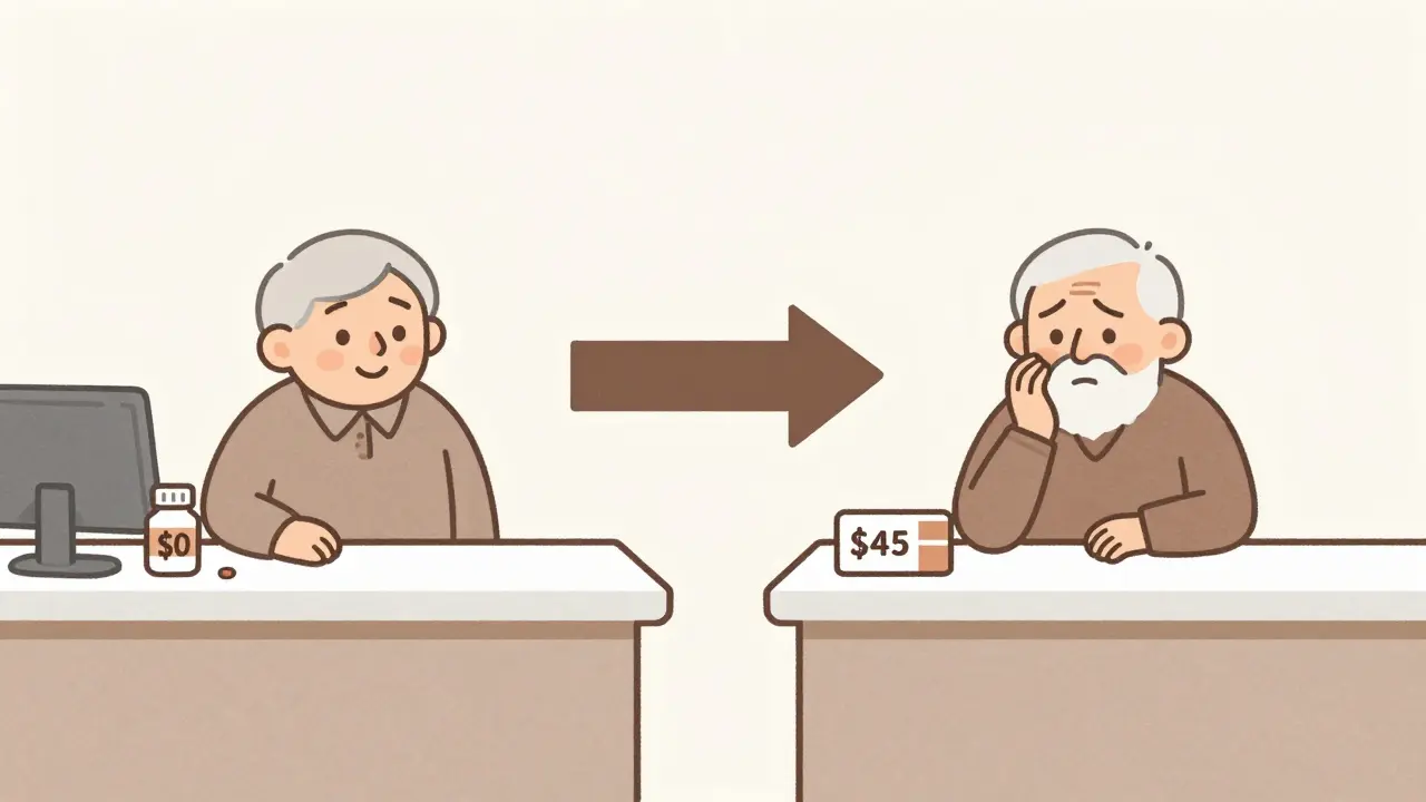 Two pharmacy counters comparing generic and brand-name drug costs, one senior happy, one worried, with a clear arrow showing savings.