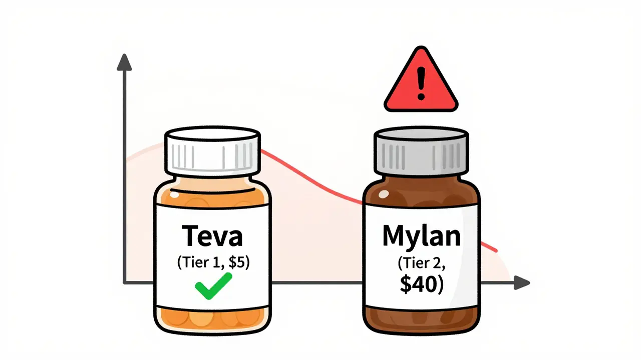 Two pill bottles side by side showing different costs and tiers, minimalist design