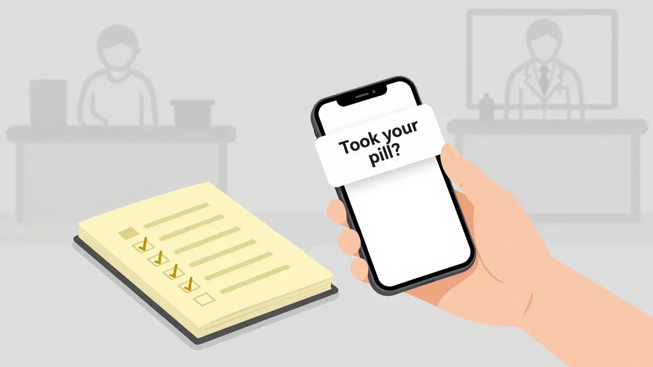 A hand reaching for a phone with a pill reminder notification, next to an open yellow notebook.
