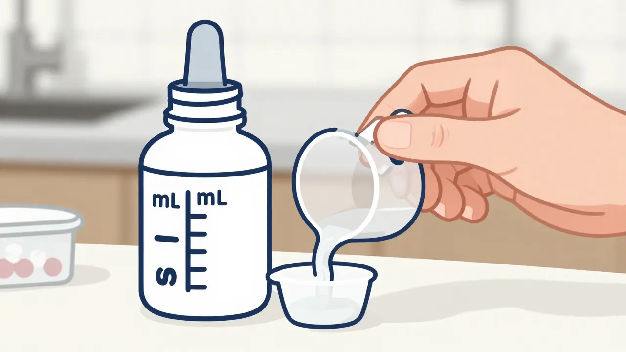 A non-slip dosing cup connected to a medicine bottle, used by an elderly person.