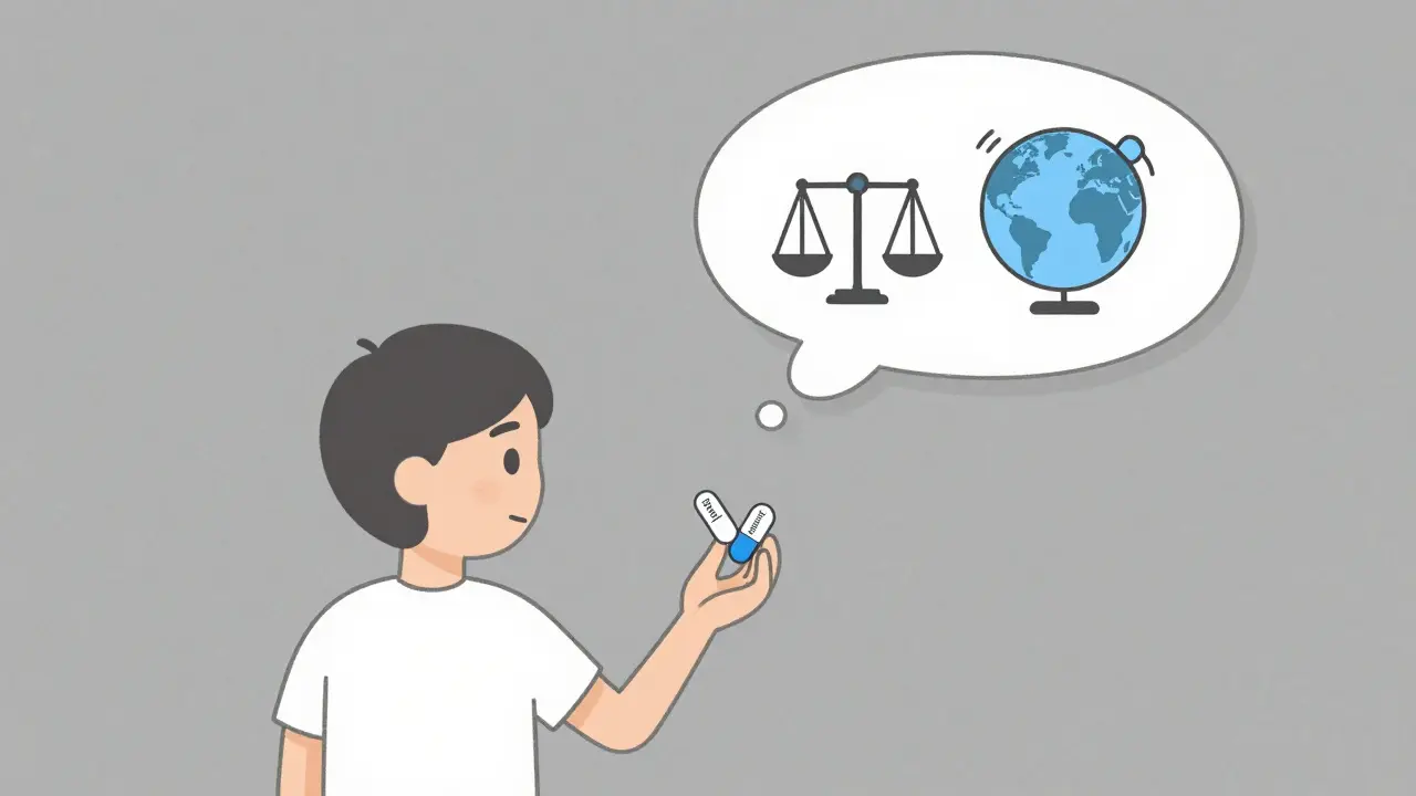 A patient comparing brand and generic pills, with symbols of doctor, government, and globe in a thought bubble, minimalist style.
