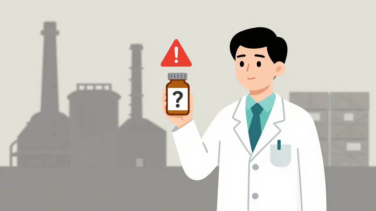 A pharmacist holding a pill bottle with a warning triangle, overlooking factories in India and China, minimalist illustration.