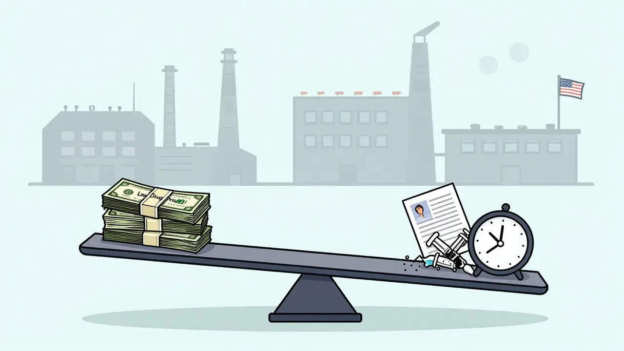 A scale tipping under low drug prices, with broken medical supplies and a neglected domestic factory on the edge.