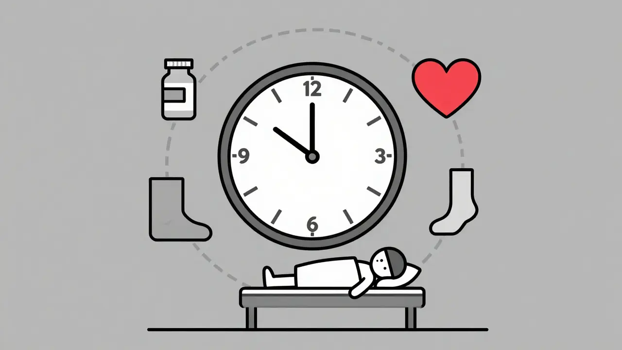 Clock with symbols representing delayed immune-related adverse events after cancer treatment ends.