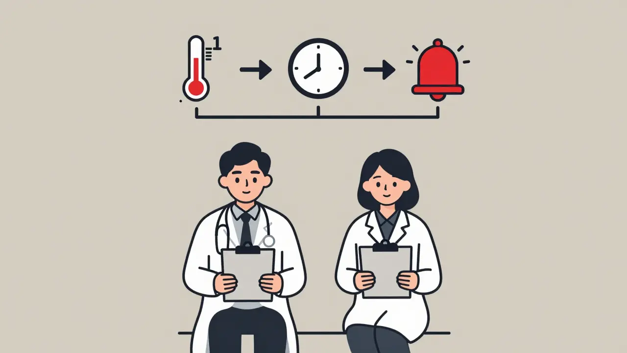 Doctor and patient with a simple flowchart showing irAE severity levels from mild to severe.