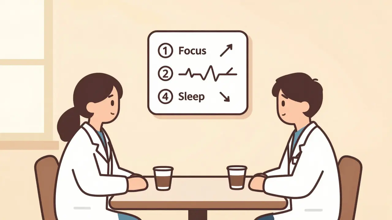 Doctor and patient with a visual chart showing focus, heart rate, and sleep trade-offs