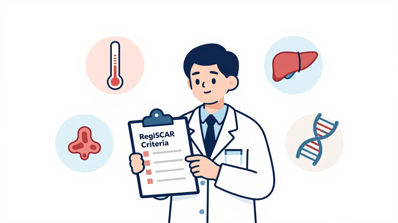 Doctor with diagnostic checklist featuring fever, swollen nodes, liver enzymes, and HLA gene icon.