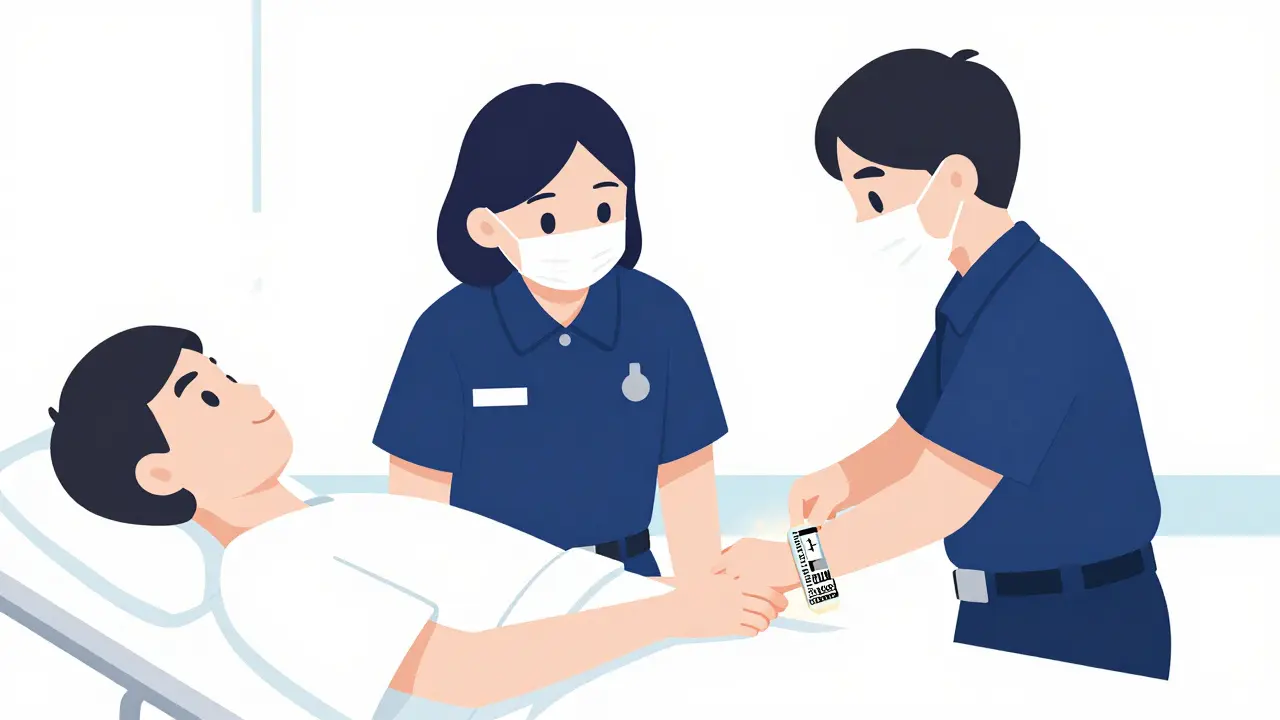 Emergency responders checking a patient's medical alert bracelet with standard abbreviations and a QR code for digital records.