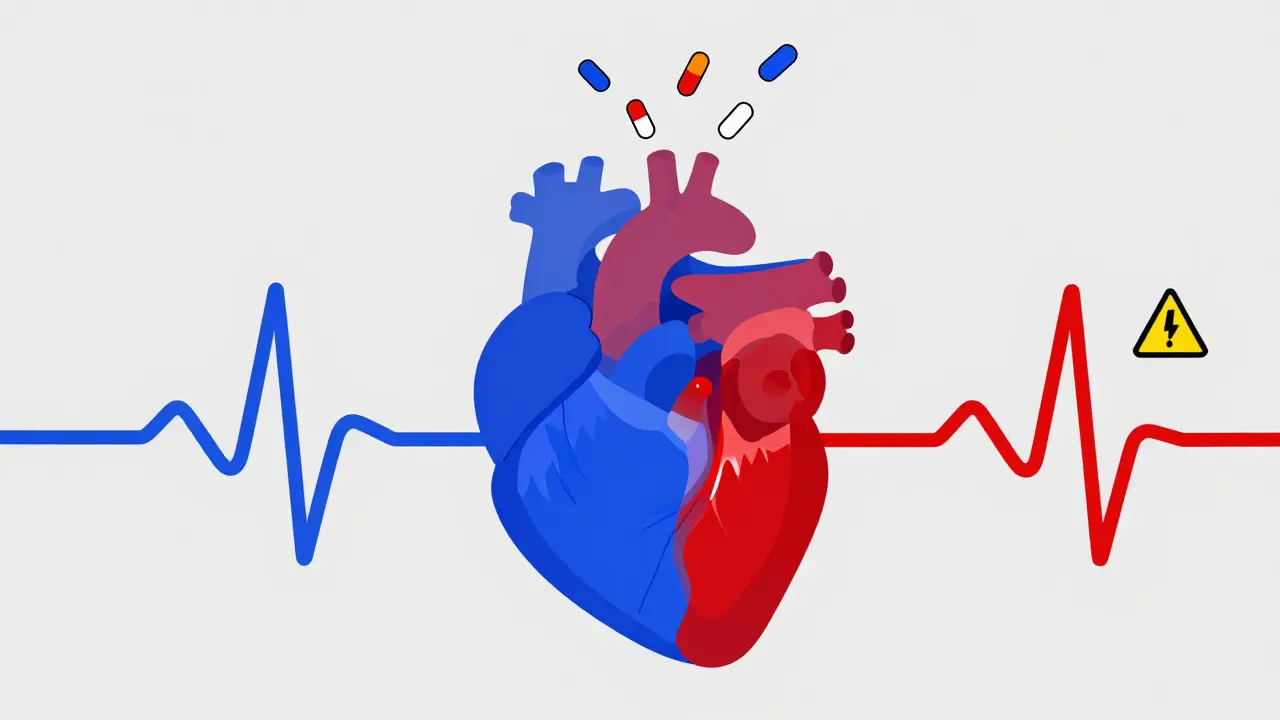 Heart silhouette showing normal vs. prolonged electrical activity, with drug symbols dripping in to disrupt rhythm.