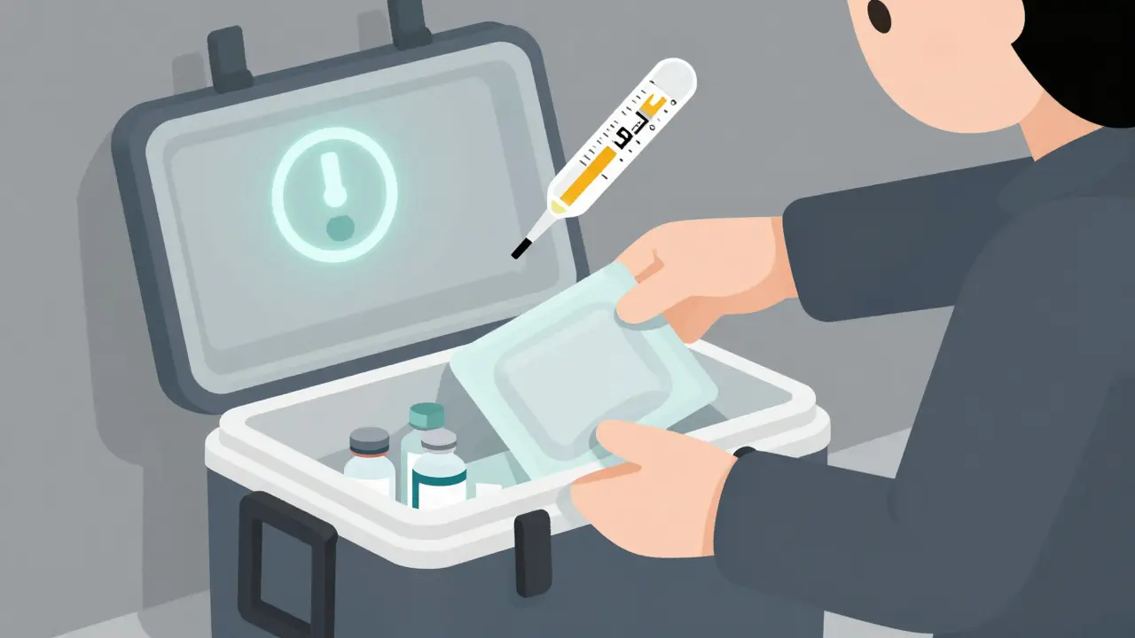 Insulated travel cooler with phase-change pack keeping medication at safe temperature during power outage or travel.