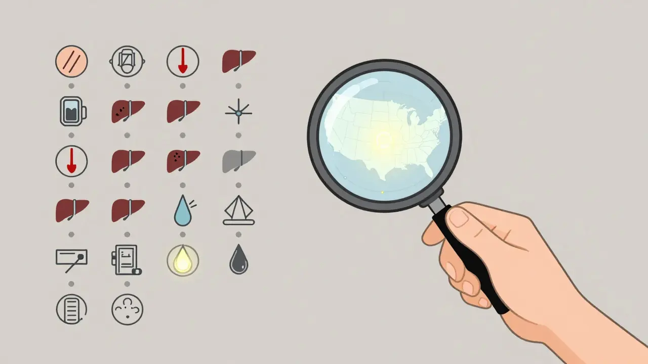 Magnifying glass over symptom icons linked to a U.S. map showing coordinated safety detection.