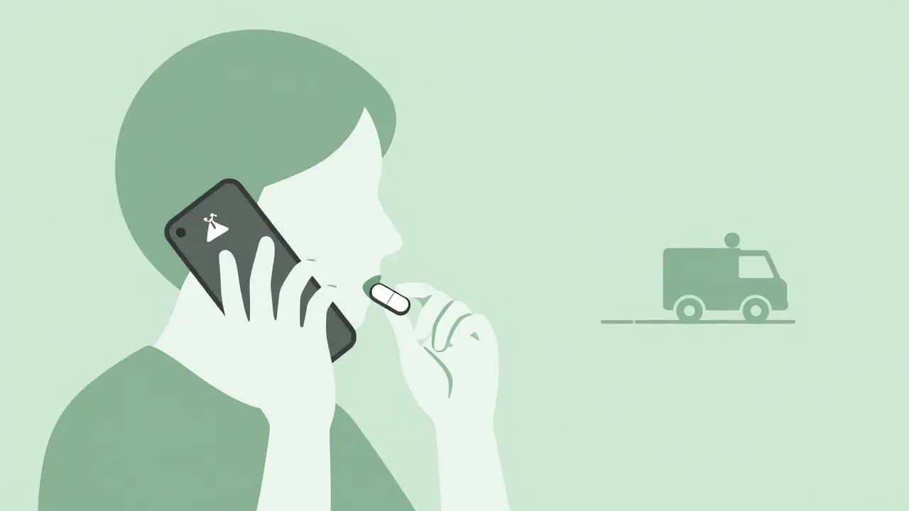 Person calling emergency services and chewing aspirin during heart attack