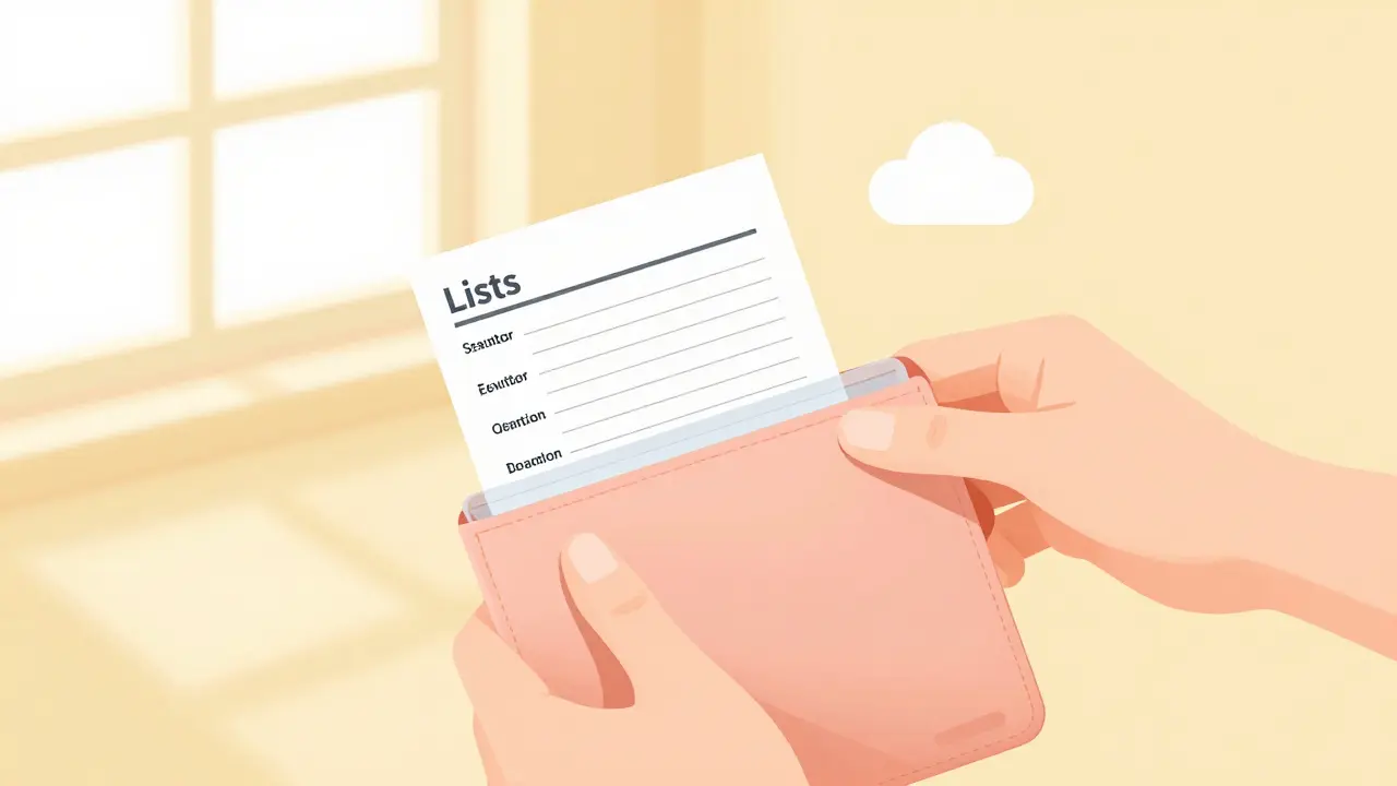 Person updating waterproof medication list in wallet sleeve