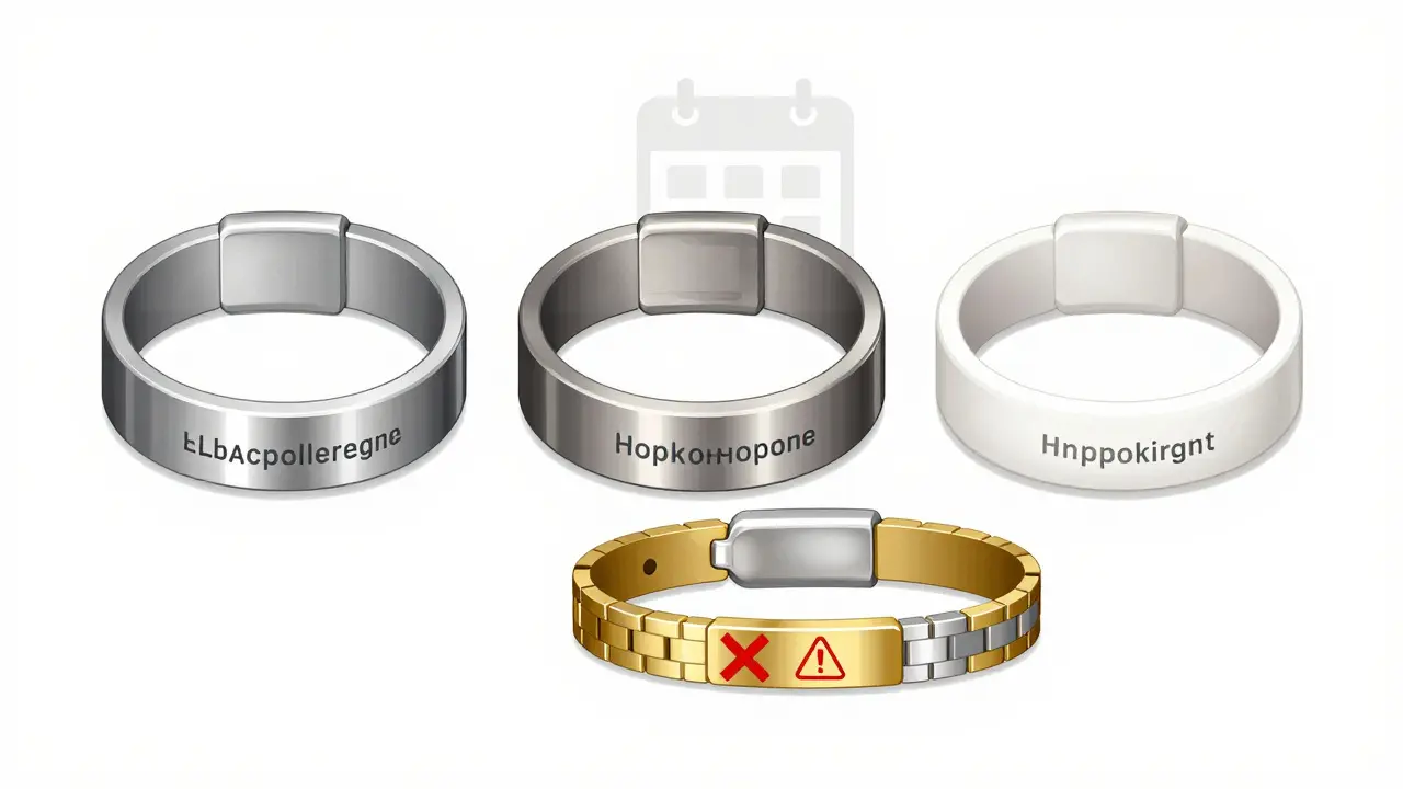 Three types of medical alert bracelets compared: steel, titanium, and silicone, with a warning against unsafe metals.