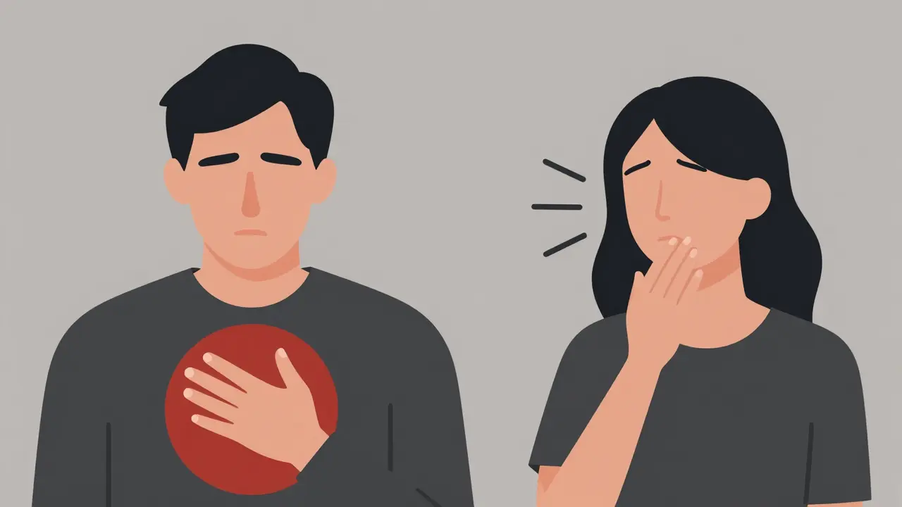 Two figures showing gender-specific heart attack symptoms: chest discomfort and jaw pain