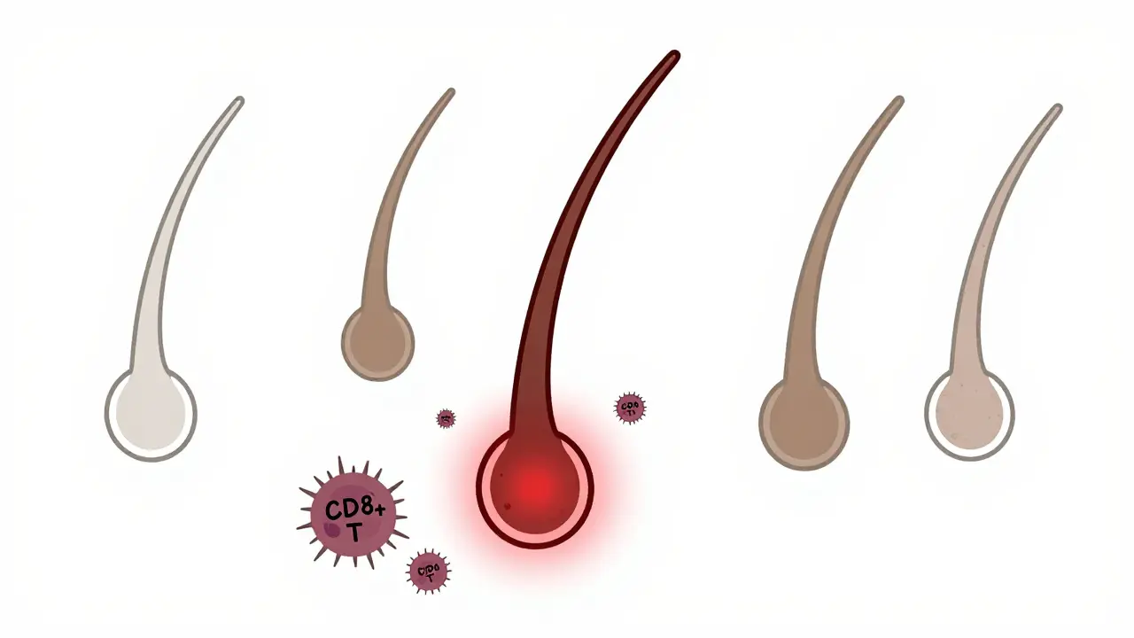 A hair follicle under attack by immune cells, shown in a simplified microscopic view with red glow indicating inflammation.