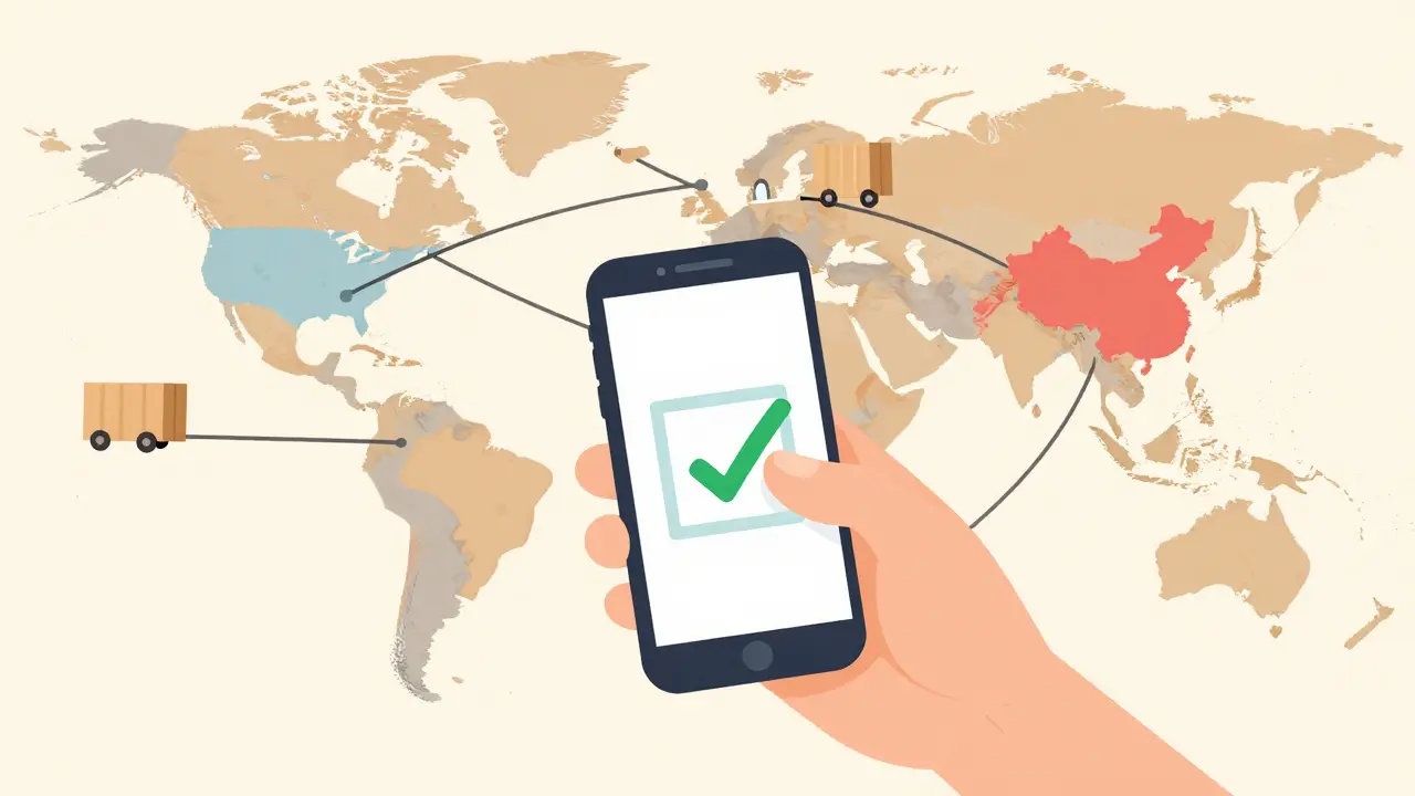A hand scanning a medicine package with a phone showing verification success, with global supply routes behind.