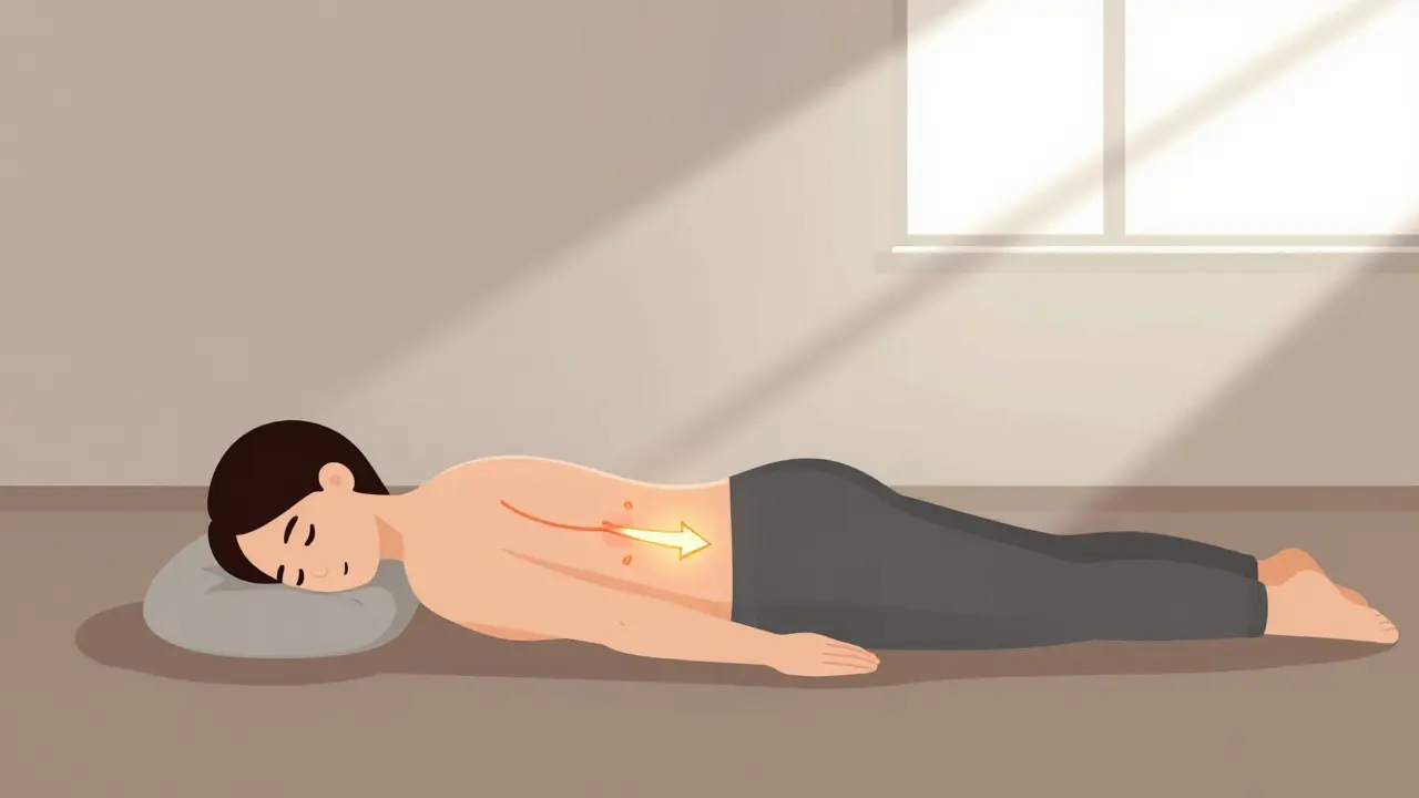 A person performing a McKenzie exercise on their stomach, with a gentle arrow indicating disc movement away from a compressed lower back nerve.