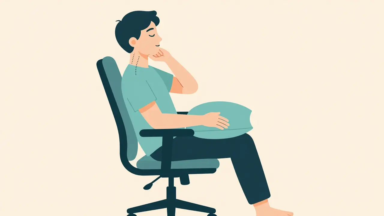 A person sitting ergonomically at a desk and sleeping with a pillow between knees, showing nerve pathways connecting neck and lower back.
